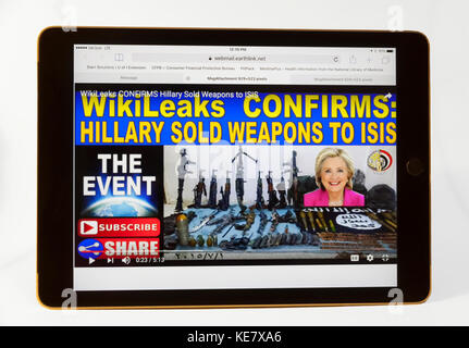 A fake news story on the internet claiming HIllary Clinton sold weapons to ISIS. Stock Photo