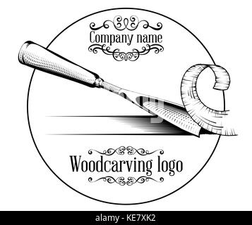 Woodcarving logotype Illustration with a chisel, cutting a wood slice, vintage style logo, black and white isolated. Stock Vector