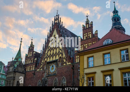 Astronomical Clock On The Old Town Hall In Market Square; Wroclaw, Lower Silesia, Poland Stock Photo