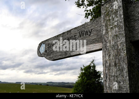 Wooden signs marking out the South Downs Way National park trail from Winchester to Eastbourne England Stock Photo