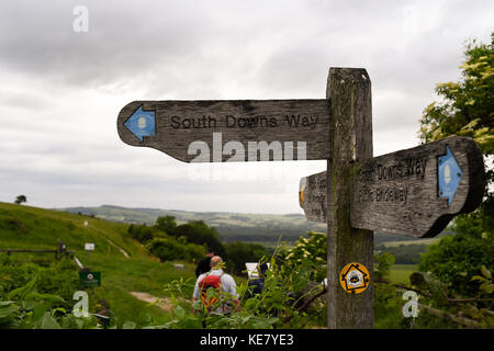 Wooden signs marking out the South Downs Way National park trail from Winchester to Eastbourne England Stock Photo