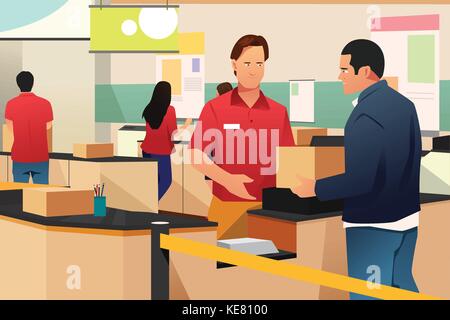 A vector illustration of Man Shipping a Box in Store Stock Vector