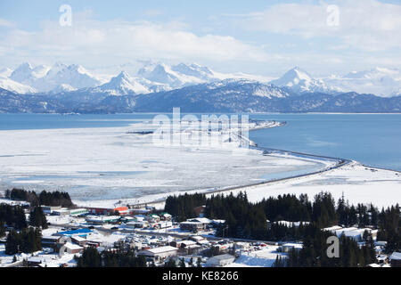 Aerial Scenic Of Homer, Kachemak Bay, And Kenai Mountains In Winter, Southcentral Alaska, USA Stock Photo
