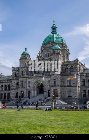 Tourists And Locals Gather On The Parliament Grounds; Victoria, British Columbia, Canada Stock Photo