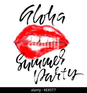 Hello summer party hand drawn lettering isolated on white background for your design. Red lips in watercolor grunge style. Vector illustration. Modern dry brush inscription. Stock Vector