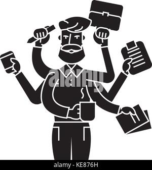 multitasking businessman icon, vector illustration, black sign on isolated background Stock Vector