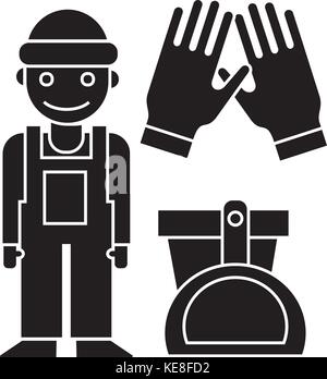 cleaning service - cleaning man, gloves, scoop, bucket icon, vector illustration, black sign on isolated background Stock Vector