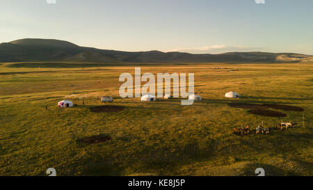 Aerial view of family gers in late afternoon sun. Khuvsgol, Mongolia. Stock Photo