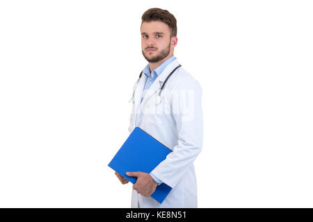 Male Doctor standing with folder, isolated on white background Stock Photo