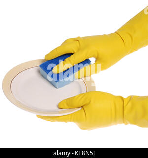 Yellow gloved hands washing a plate with a blue sponge. On white background. Clipping path included. Stock Photo