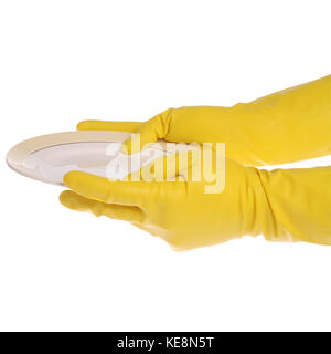 plate in yellow gloved hands. On white background. Clipping path included. Stock Photo