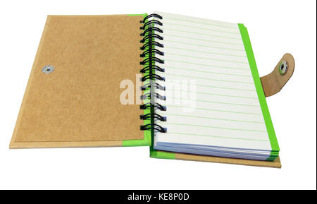 Brown heavy cardboard notebook with button snap, spiral coil and lime green spine. Isolated. Stock Photo