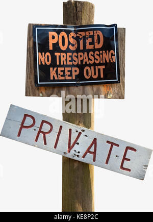 POSTED NO TRESPASSING KEEP OUT PRIVATE sign on wood pole. Isolated.