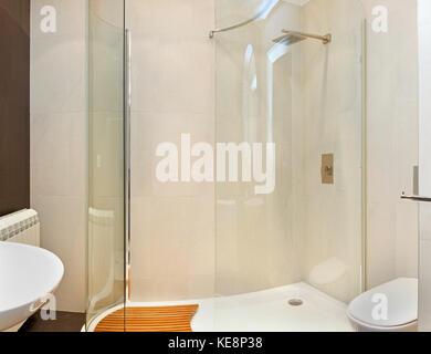 Modern bathroom interior with shower cabin and white toilet bowl Stock ...