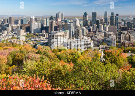 Montreal, Canada - 18 October 2017: Montreal Skyline with Autumn colors from Mont Royal Kondiaronk Belvedere Stock Photo