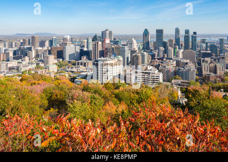 Montreal, Canada - 18 October 2017: Montreal Skyline with Autumn colours from Mont Royal Kondiaronk Belvedere Stock Photo
