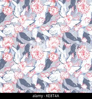 Boho style grey and red sketch doodle ornamental Seamless texture with tribal and floral elements on grey background Stock Vector