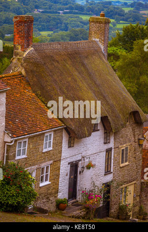 Gold Hill in Shaftesbury Dorset early in the morning looking down the hill Stock Photo