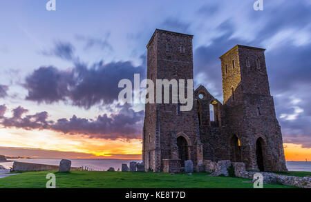 Reculver Towers in Herne Bey Thanet with the sun setting Stock Photo
