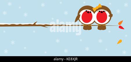 pair of robins perched on a branch in winter with snow and leaves falling in the background Stock Vector