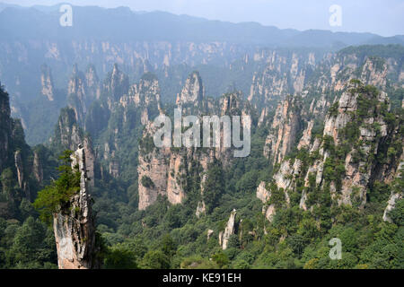 Rock formations around Wulingyuan Scenic Area. What a dramatic landscape! Pic was taken in Zhangjiajie, September 2017. Stock Photo