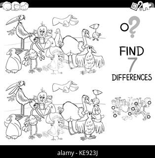 Black and White Cartoon Illustration of Searching Differences Between Pictures Educational Activity Game for Children with Birds Animal Characters Gro Stock Vector