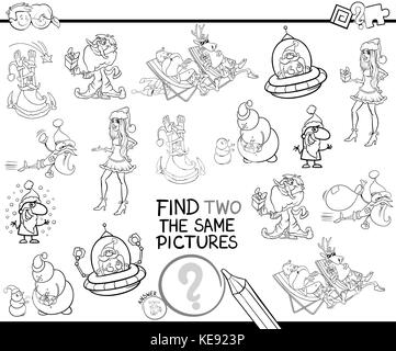 Black and White Cartoon Illustration of Finding Two Identical Pictures Educational Activity Game for Children with Funny Christmas Holiday Characters  Stock Vector