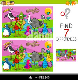 Cartoon Illustration of Searching Differences Between Pictures Educational Activity Game for Children with Colorful Birds Animal Characters Group Stock Vector