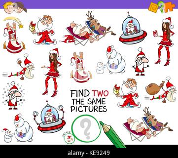 Cartoon Illustration of Finding Two Identical Pictures Educational Activity Game for Children with Funny Christmas Holiday Characters Stock Vector