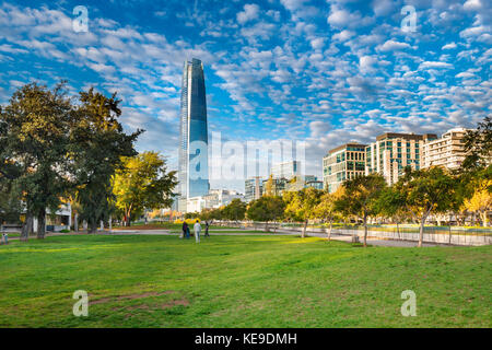 Santiago, Region Metropolitana, Chile - View of the modern skyline of buildings at Providencia district from Parque de las Esculturas. Stock Photo