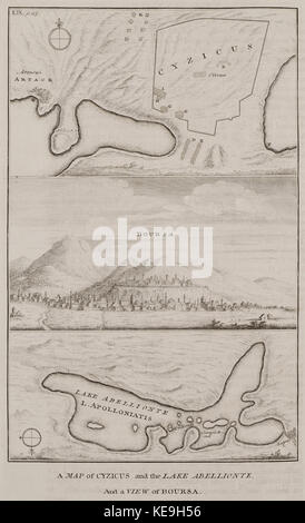 A Map of Cyzicus and the Lake Abellionte And a View of Boursa   Pococke Richard   1745 Stock Photo