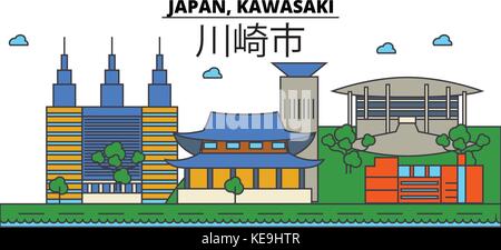 Japan, Kawasaki. City skyline architecture, buildings, streets, silhouette, landscape, panorama, landmarks. Editable strokes. Flat design line vector illustration concept. Isolated icons set Stock Vector