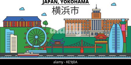 Japan, Yokohama. City skyline architecture, buildings, streets, silhouette, landscape, panorama, landmarks. Editable strokes. Flat design line vector illustration concept. Isolated icons set Stock Vector