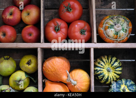 Veggie box with colourful fruit and vegetables. Photographed in October 2017. Stock Photo