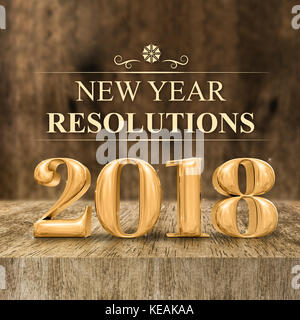 Gold shiny 2018 new year resolutions (3d rendering) at wooden block table and blur wood wall,Holiday greeting card,Mock up for display of your design  Stock Photo