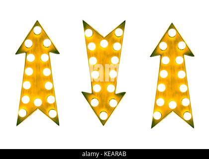 Three up and down yellow vintage bright and colorful illuminated display arrow signs with light bulbs against a white background Stock Photo