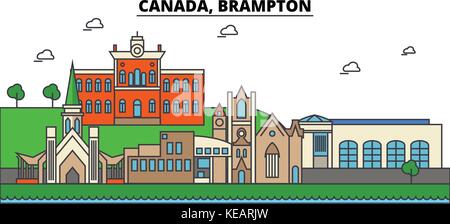 Canada, Brampton. City skyline architecture, buildings, streets, silhouette, landscape, panorama, landmarks. Editable strokes. Flat design line vector illustration concept. Isolated icons set Stock Vector