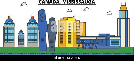 Canada, Mississauga. City skyline architecture, buildings, streets, silhouette, landscape, panorama, landmarks. Editable strokes. Flat design line vector illustration concept. Isolated icons set Stock Vector