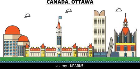 Canada, Ottawa. City skyline architecture, buildings, streets, silhouette, landscape, panorama, landmarks. Editable strokes. Flat design line vector illustration concept. Isolated icons set Stock Vector