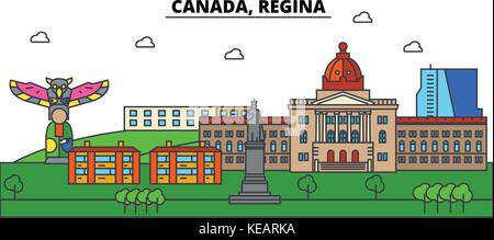 Canada, Regina. City skyline architecture, buildings, streets, silhouette, landscape, panorama, landmarks. Editable strokes. Flat design line vector illustration concept. Isolated icons set Stock Vector