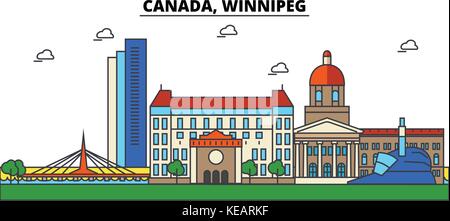 Canada, Winnipeg. City skyline architecture, buildings, streets, silhouette, landscape, panorama, landmarks. Editable strokes. Flat design line vector illustration concept. Isolated icons set Stock Vector