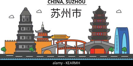 China, Suzhou. City skyline architecture, buildings, streets, silhouette, landscape, panorama, landmarks. Editable strokes. Flat design line vector illustration concept. Isolated icons set Stock Vector