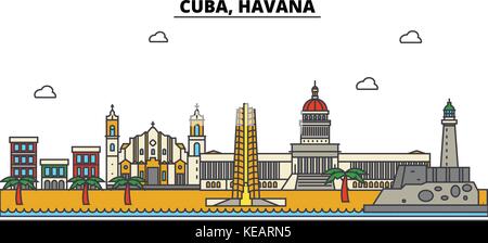 Cuba, Havana. City skyline architecture, buildings, streets, silhouette, landscape, panorama, landmarks. Editable strokes. Flat design line vector illustration concept. Isolated icons set Stock Vector