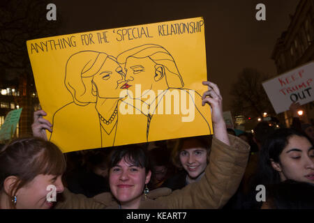 Protesters demonstrate outside Downing Street against US President Donald Trump's ban on Muslims entering the US. The protesters also opposed British  Stock Photo