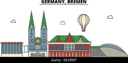 Germany, Bremen. City skyline architecture, buildings, streets, silhouette, landscape, panorama, landmarks. Editable strokes. Flat design line vector illustration concept. Isolated icons set Stock Vector