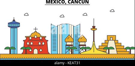 Mexico, Cancun. City skyline architecture, buildings, streets, silhouette, landscape, panorama, landmarks. Editable strokes. Flat design line vector illustration concept. Isolated icons set Stock Vector