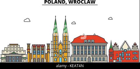 Poland, Wroclaw. City skyline architecture, buildings, streets, silhouette, landscape, panorama, landmarks. Editable strokes. Flat design line vector illustration concept. Isolated icons set Stock Vector