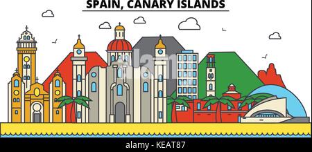 Spain, Canary Islands. City skyline architecture, buildings, streets, silhouette, landscape, panorama, landmarks. Editable strokes. Flat design line vector illustration concept. Isolated icons set Stock Vector