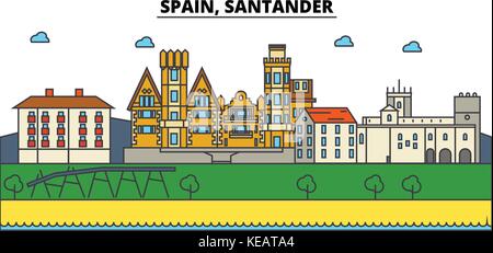 Spain, Santander. City skyline architecture, buildings, streets, silhouette, landscape, panorama, landmarks. Editable strokes. Flat design line vector illustration concept. Isolated icons set Stock Vector