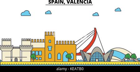 Spain, Valencia. City skyline architecture, buildings, streets, silhouette, landscape, panorama, landmarks. Editable strokes. Flat design line vector illustration concept. Isolated icons set Stock Vector